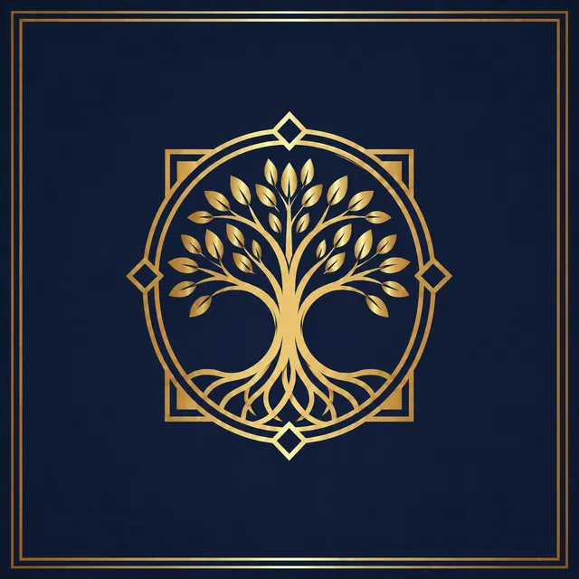 The MyLifeMemoir tree-of-life emblem in gold on navy, the mark used on the printed keepsake